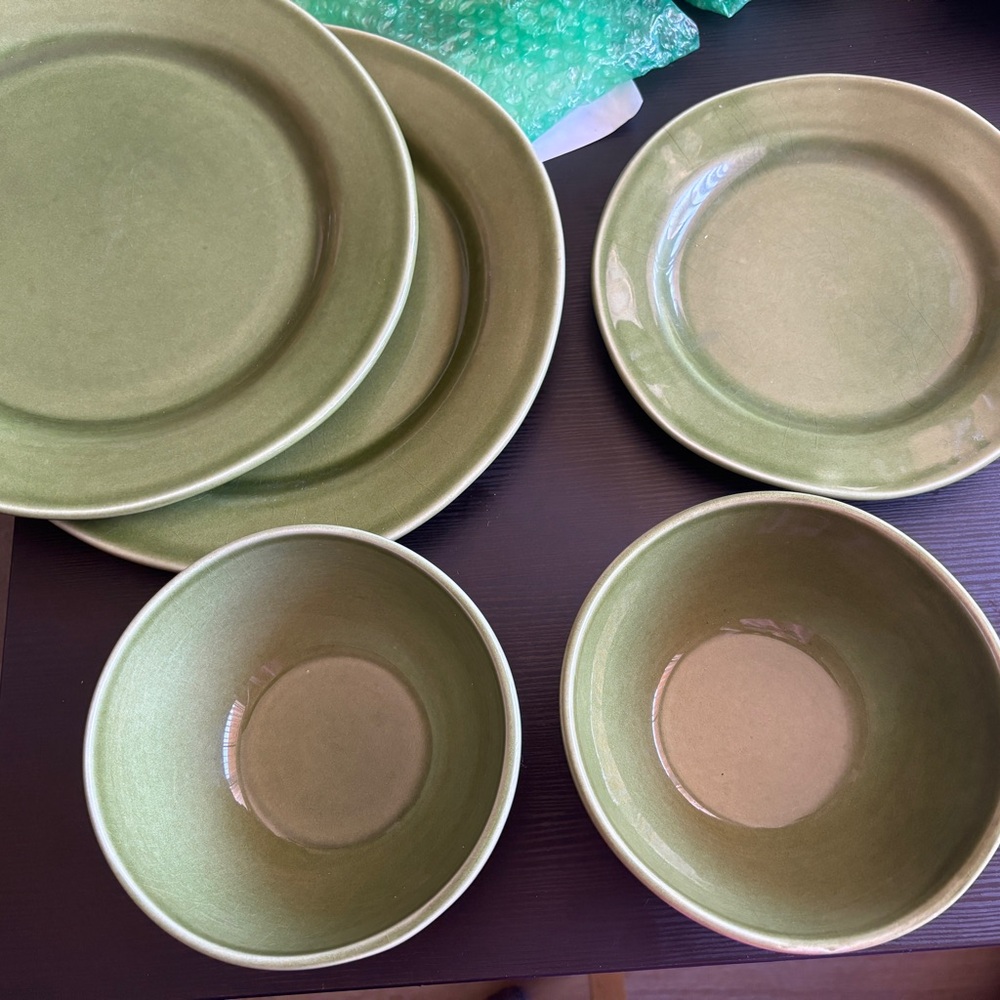 Set of 5 Crate&Barrel Green Wavy Edge Plates Made In Portugal